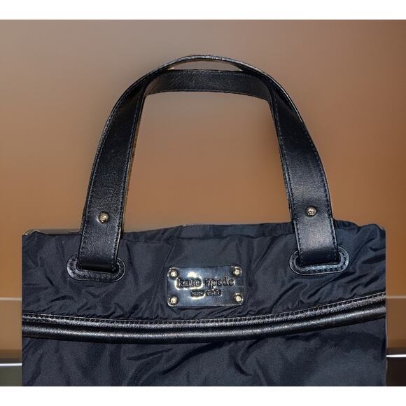 Kate Spade New York Nylon Tote Bag Black /Black Leather Trim Polka Dot Lining - Picture 3 of 9